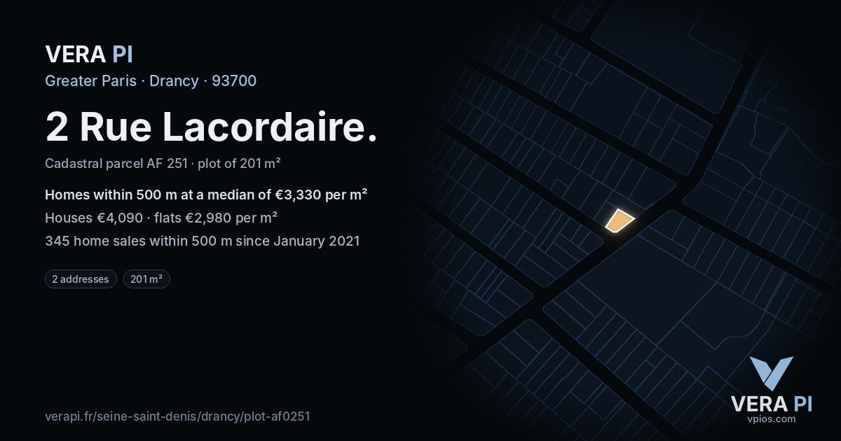 2 Rue Lacordaire, Drancy at night – the plot lit, the parcels around coloured by the prices near them