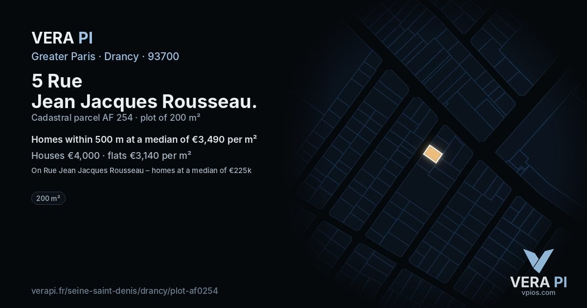 5 Rue Jean Jacques Rousseau, Drancy at night – the plot lit, the parcels around coloured by the prices near them