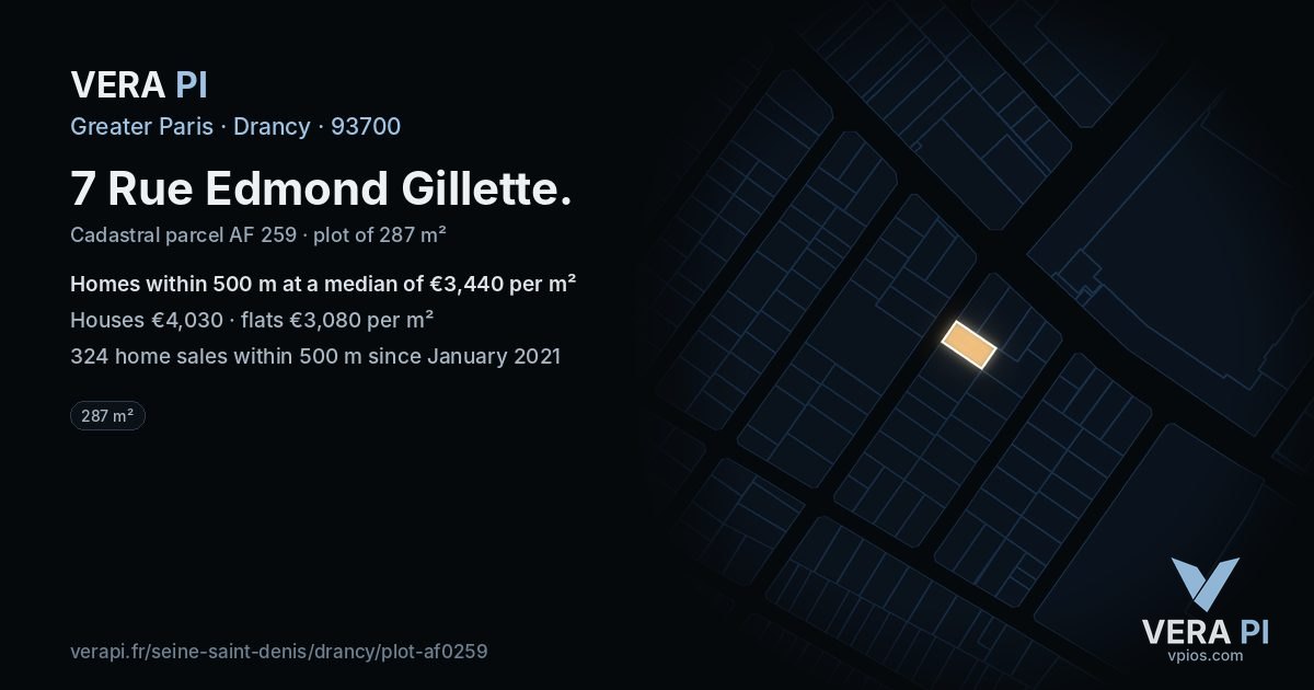 7 Rue Edmond Gillette, Drancy at night – the plot lit, the parcels around coloured by the prices near them