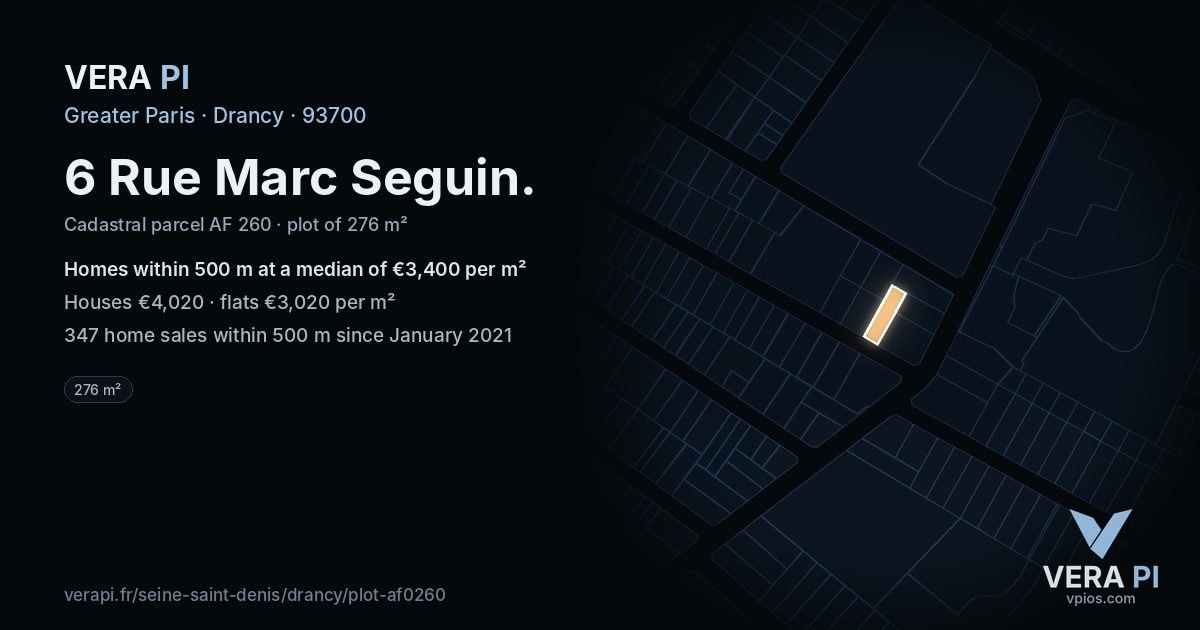 6 Rue Marc Seguin, Drancy at night – the plot lit, the parcels around coloured by the prices near them