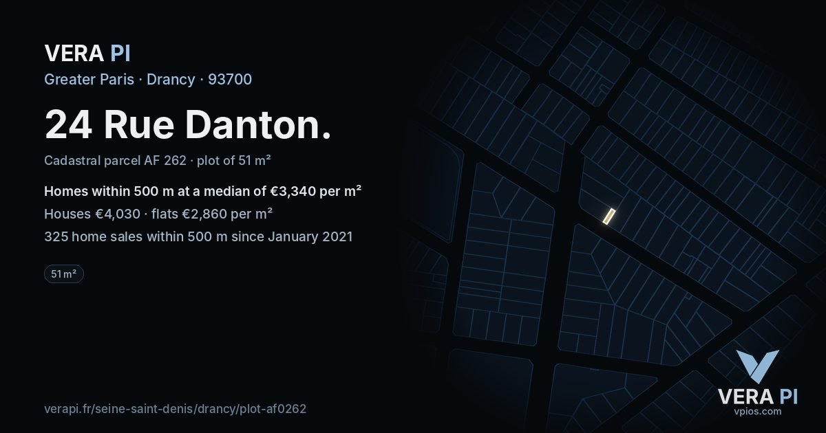 24 Rue Danton, Drancy at night – the plot lit, the parcels around coloured by the prices near them