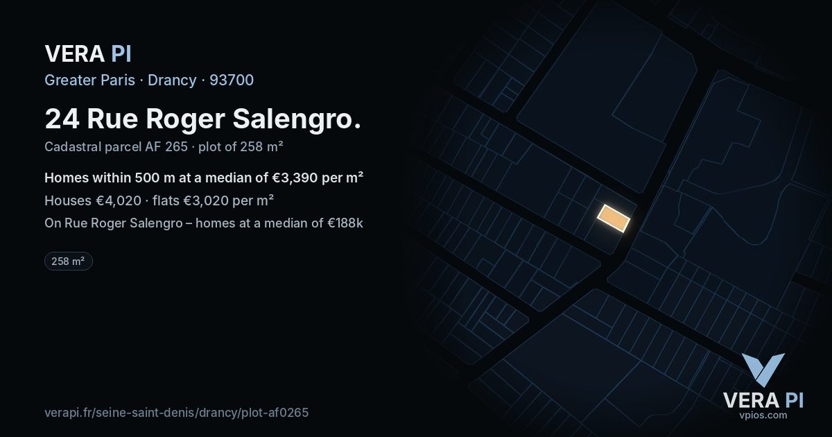 24 Rue Roger Salengro, Drancy at night – the plot lit, the parcels around coloured by the prices near them