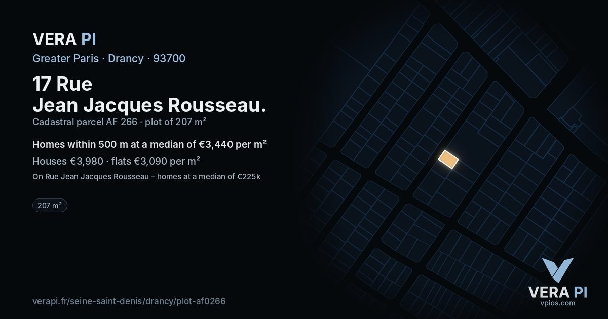 17 Rue Jean Jacques Rousseau, Drancy at night – the plot lit, the parcels around coloured by the prices near them
