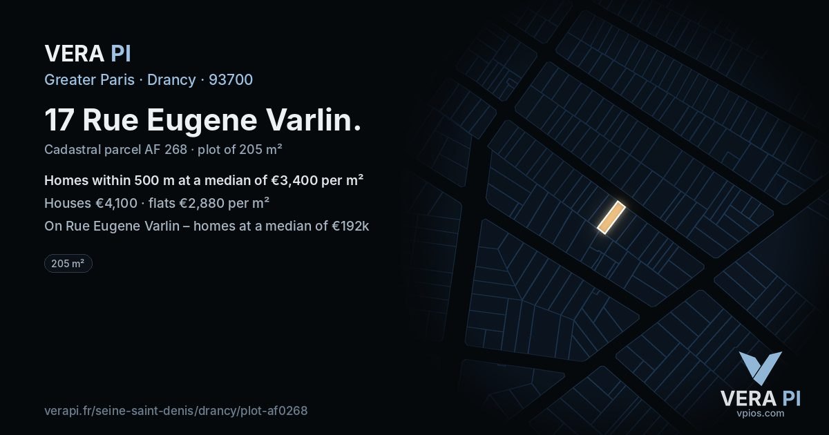 17 Rue Eugene Varlin, Drancy at night – the plot lit, the parcels around coloured by the prices near them