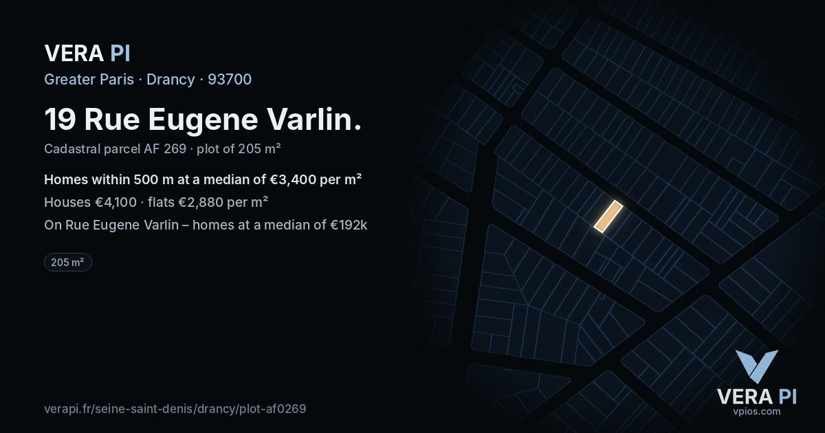 19 Rue Eugene Varlin, Drancy at night – the plot lit, the parcels around coloured by the prices near them