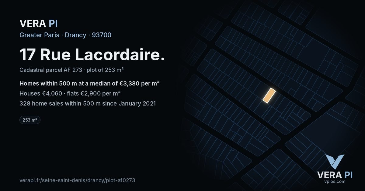 17 Rue Lacordaire, Drancy at night – the plot lit, the parcels around coloured by the prices near them