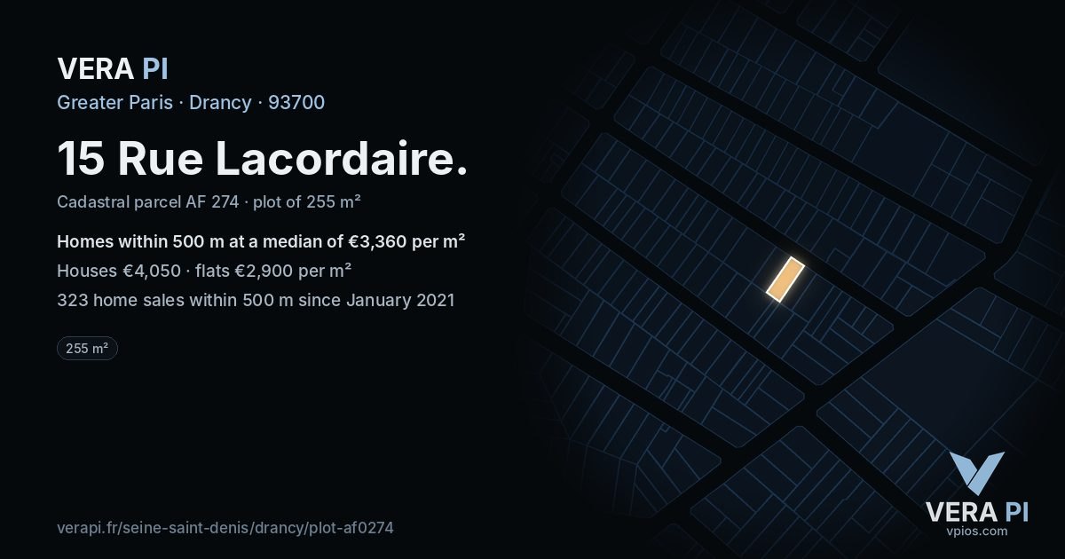 15 Rue Lacordaire, Drancy at night – the plot lit, the parcels around coloured by the prices near them