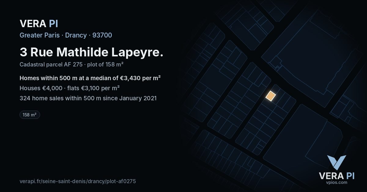 3 Rue Mathilde Lapeyre, Drancy at night – the plot lit, the parcels around coloured by the prices near them
