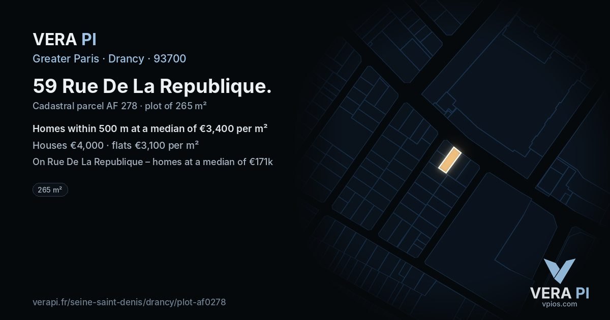 59 Rue De La Republique, Drancy at night – the plot lit, the parcels around coloured by the prices near them