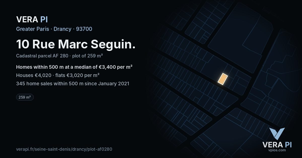 10 Rue Marc Seguin, Drancy at night – the plot lit, the parcels around coloured by the prices near them