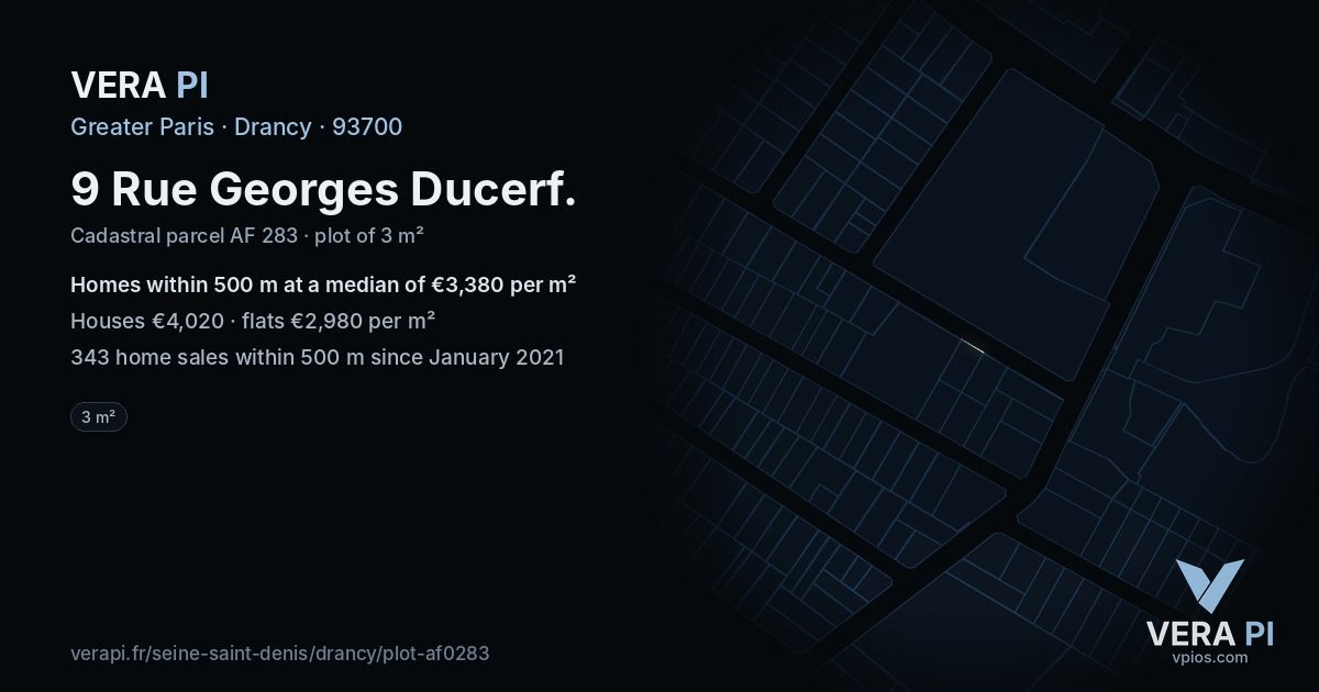9 Rue Georges Ducerf, Drancy at night – the plot lit, the parcels around coloured by the prices near them
