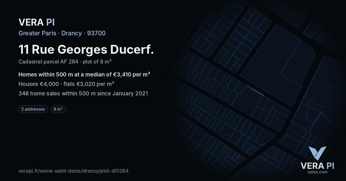 11 Rue Georges Ducerf, Drancy at night – the plot lit, the parcels around coloured by the prices near them