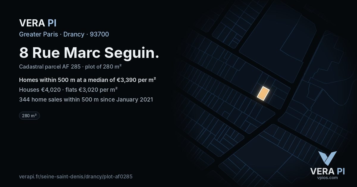 8 Rue Marc Seguin, Drancy at night – the plot lit, the parcels around coloured by the prices near them