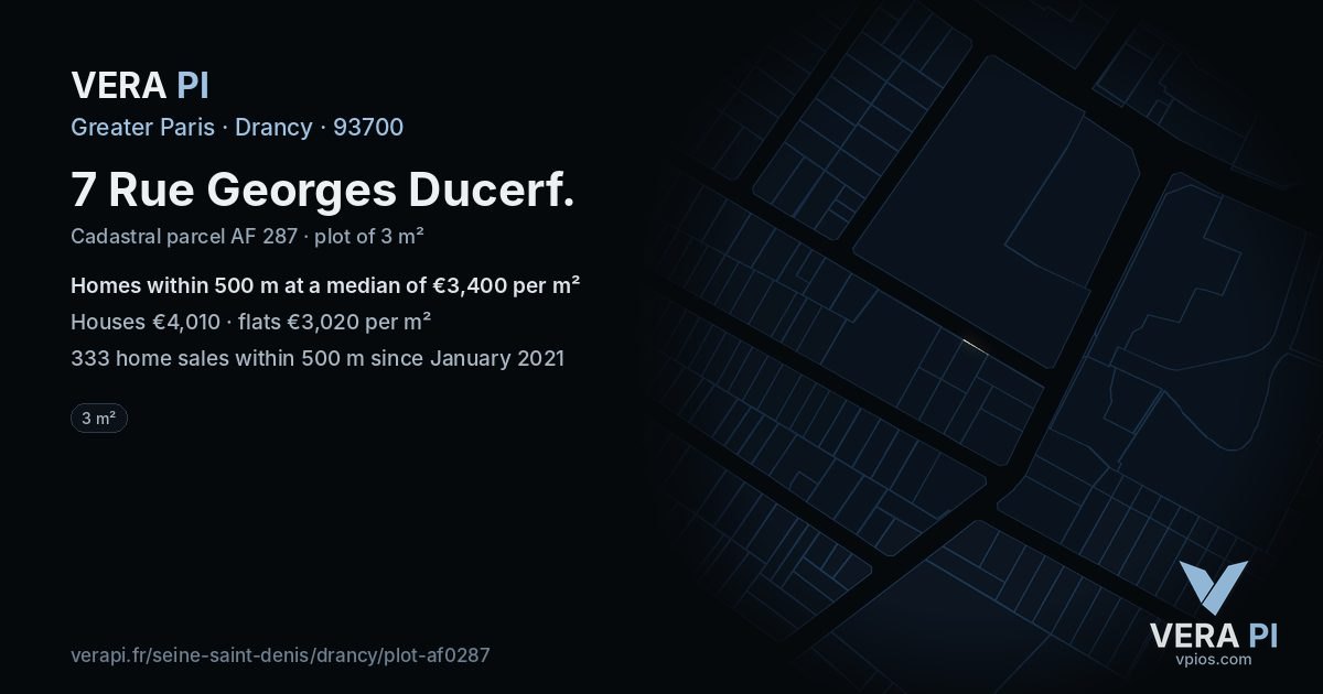 7 Rue Georges Ducerf, Drancy at night – the plot lit, the parcels around coloured by the prices near them