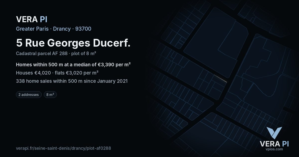 5 Rue Georges Ducerf, Drancy at night – the plot lit, the parcels around coloured by the prices near them