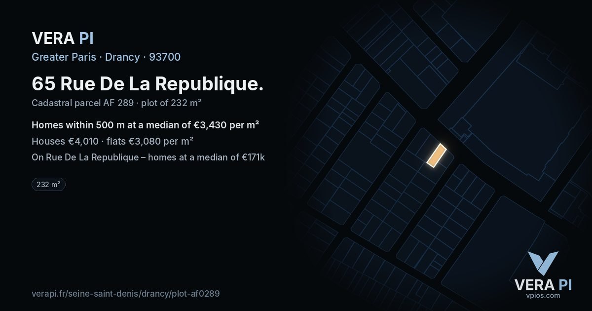 65 Rue De La Republique, Drancy at night – the plot lit, the parcels around coloured by the prices near them