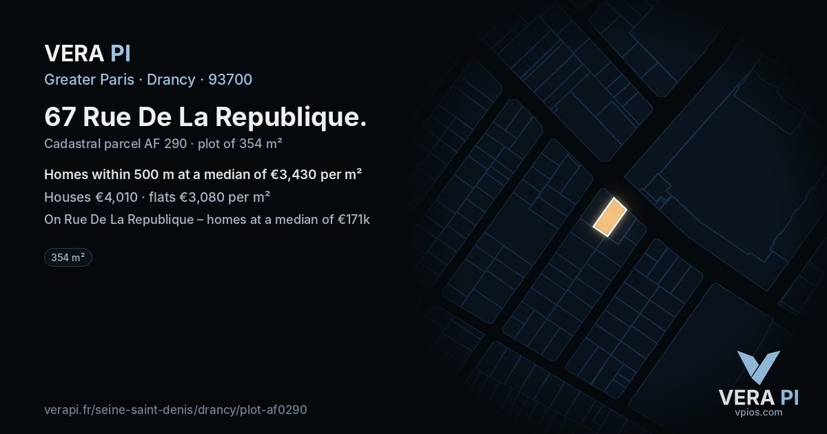 67 Rue De La Republique, Drancy at night – the plot lit, the parcels around coloured by the prices near them