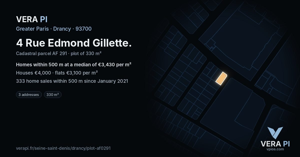 4 Rue Edmond Gillette, Drancy at night – the plot lit, the parcels around coloured by the prices near them