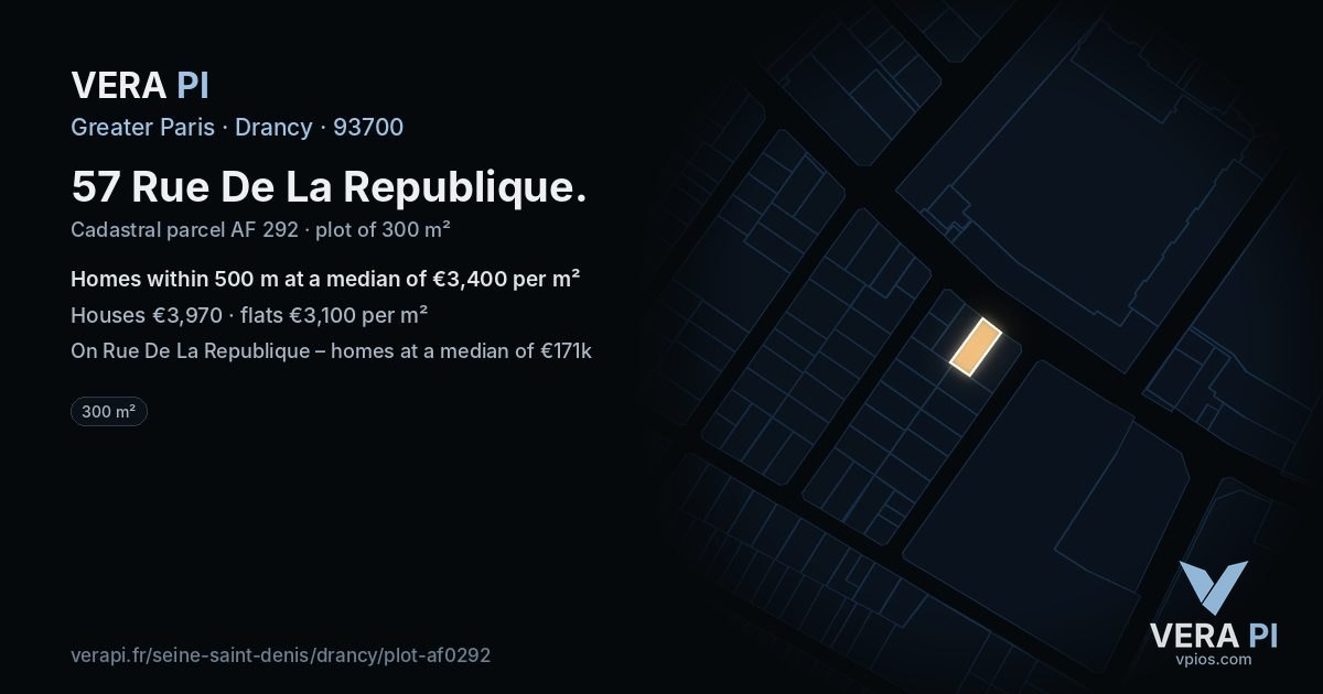 57 Rue De La Republique, Drancy at night – the plot lit, the parcels around coloured by the prices near them