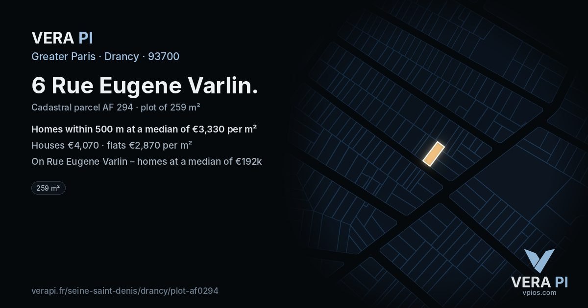 6 Rue Eugene Varlin, Drancy at night – the plot lit, the parcels around coloured by the prices near them