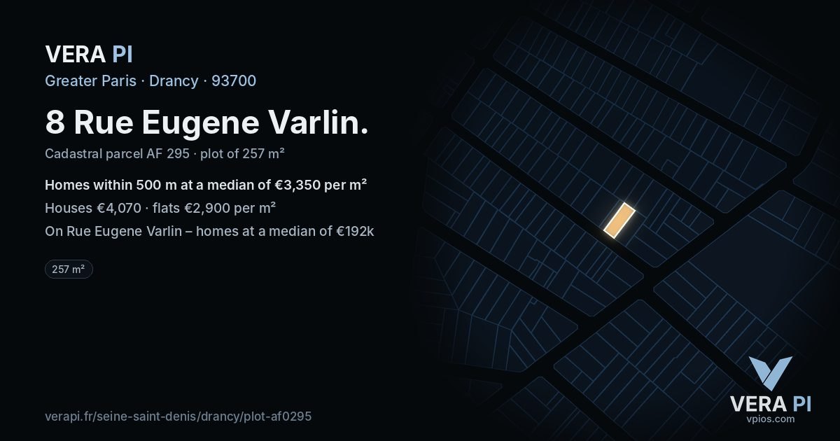 8 Rue Eugene Varlin, Drancy at night – the plot lit, the parcels around coloured by the prices near them