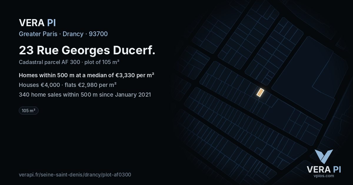 23 Rue Georges Ducerf, Drancy at night – the plot lit, the parcels around coloured by the prices near them
