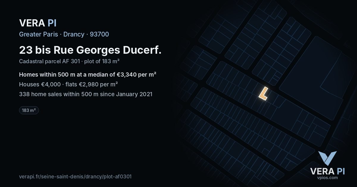 23 bis Rue Georges Ducerf, Drancy at night – the plot lit, the parcels around coloured by the prices near them
