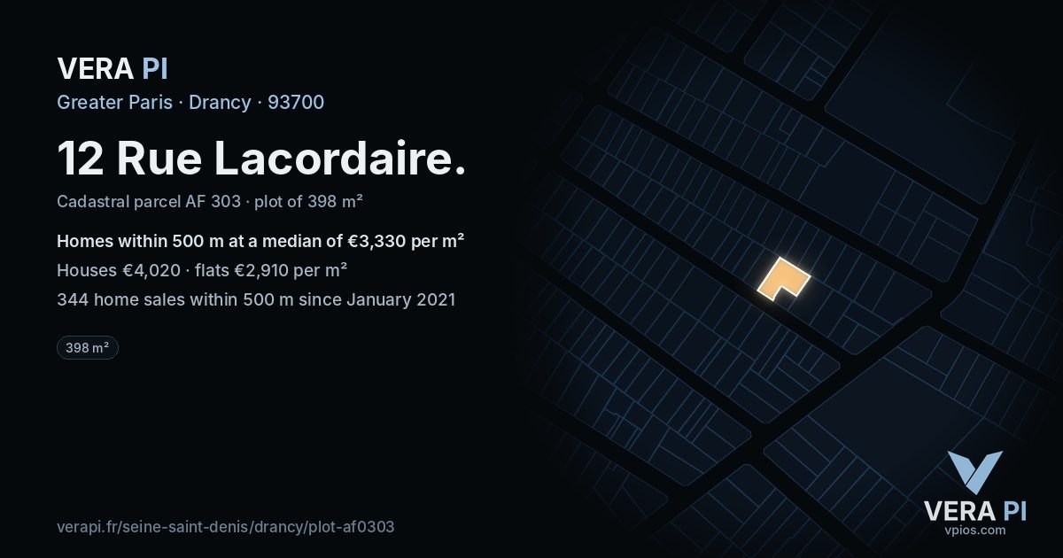 12 Rue Lacordaire, Drancy at night – the plot lit, the parcels around coloured by the prices near them
