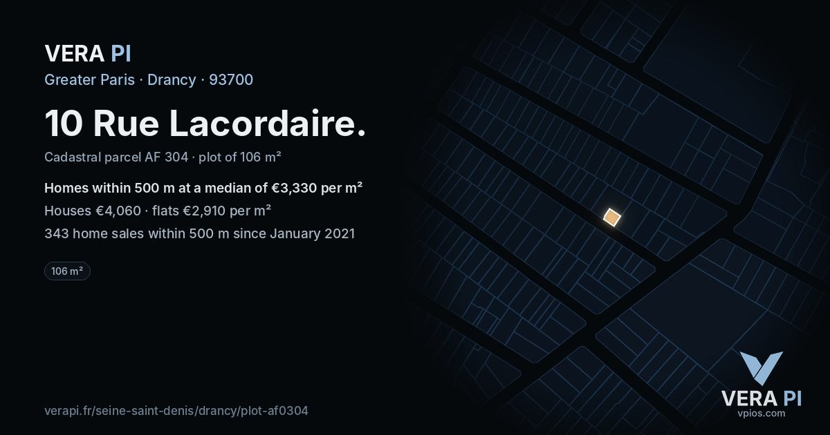 10 Rue Lacordaire, Drancy at night – the plot lit, the parcels around coloured by the prices near them