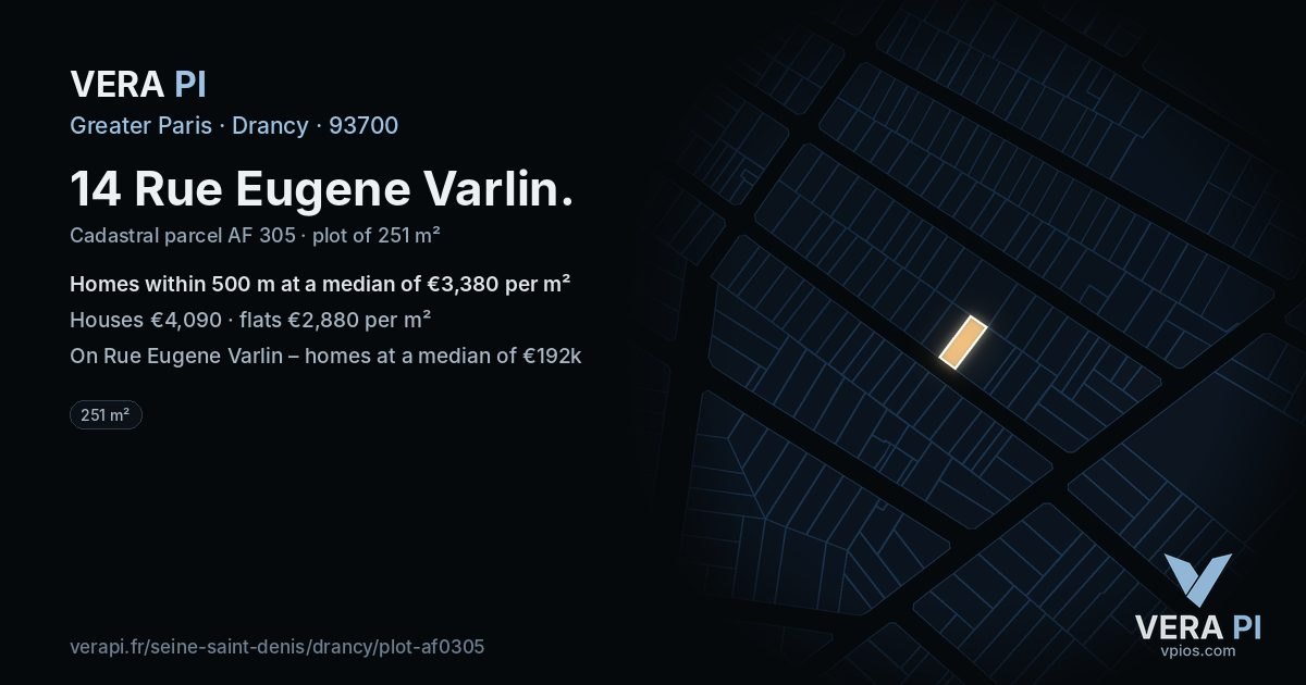 14 Rue Eugene Varlin, Drancy at night – the plot lit, the parcels around coloured by the prices near them