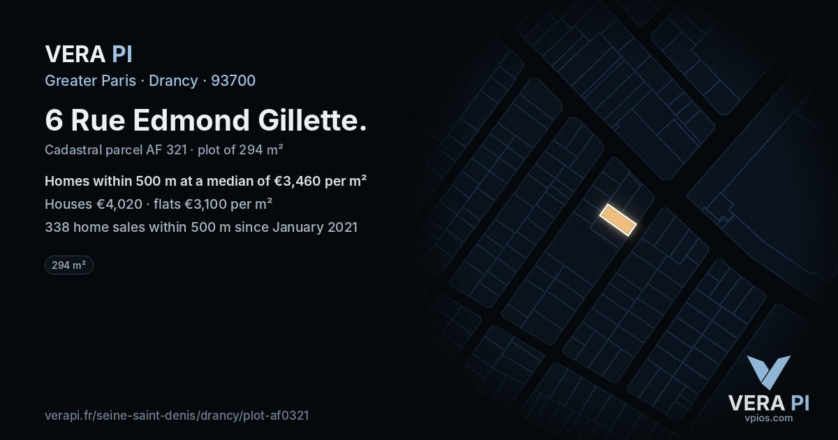 6 Rue Edmond Gillette, Drancy at night – the plot lit, the parcels around coloured by the prices near them