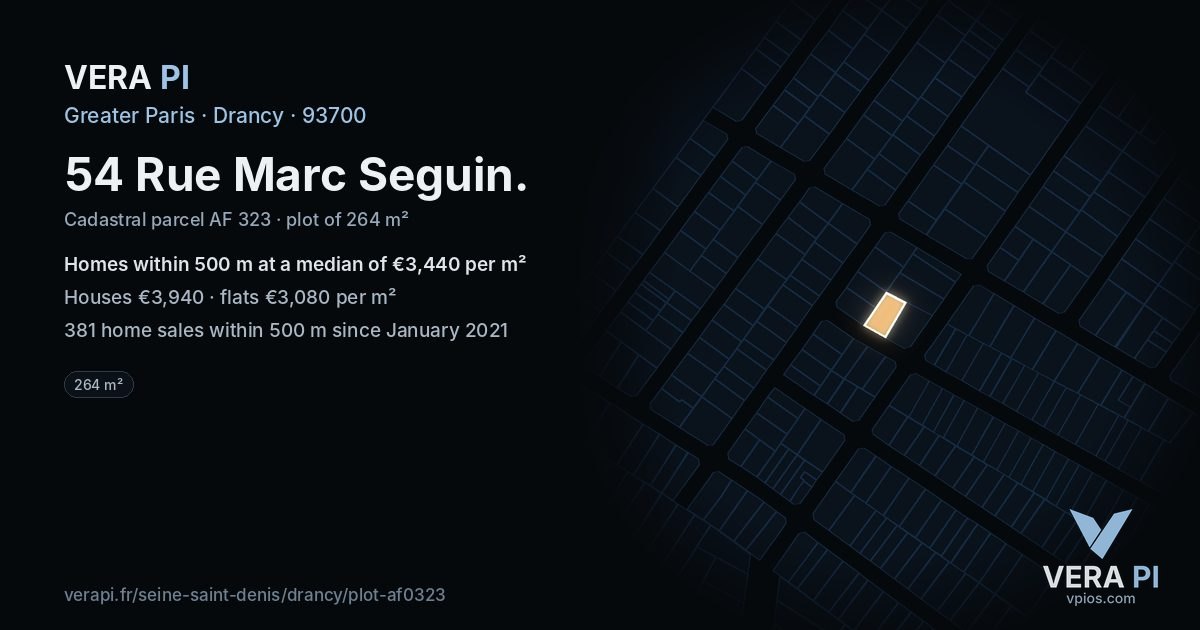54 Rue Marc Seguin, Drancy at night – the plot lit, the parcels around coloured by the prices near them