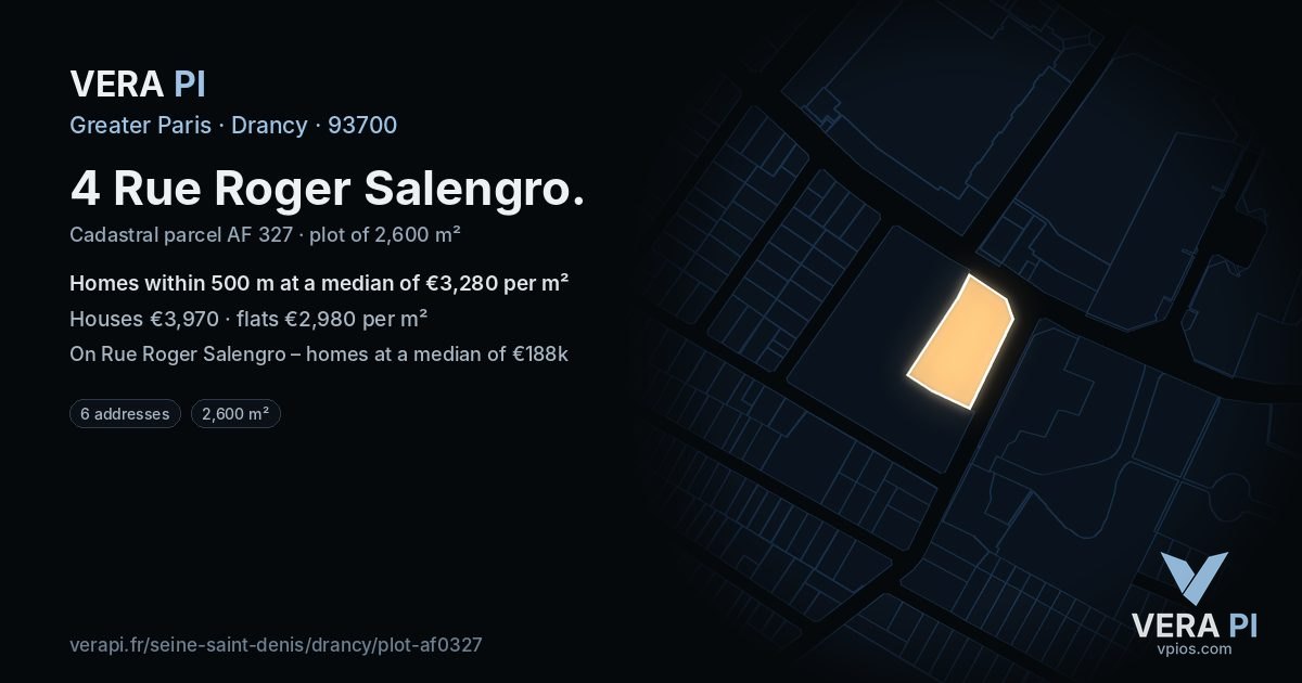 4 Rue Roger Salengro, Drancy at night – the plot lit, the parcels around coloured by the prices near them
