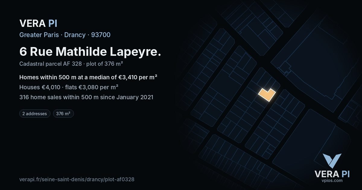 6 Rue Mathilde Lapeyre, Drancy at night – the plot lit, the parcels around coloured by the prices near them