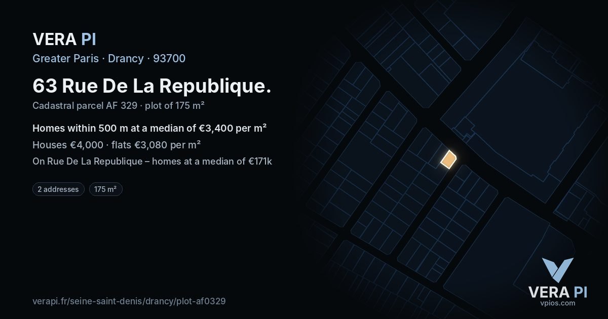 63 Rue De La Republique, Drancy at night – the plot lit, the parcels around coloured by the prices near them