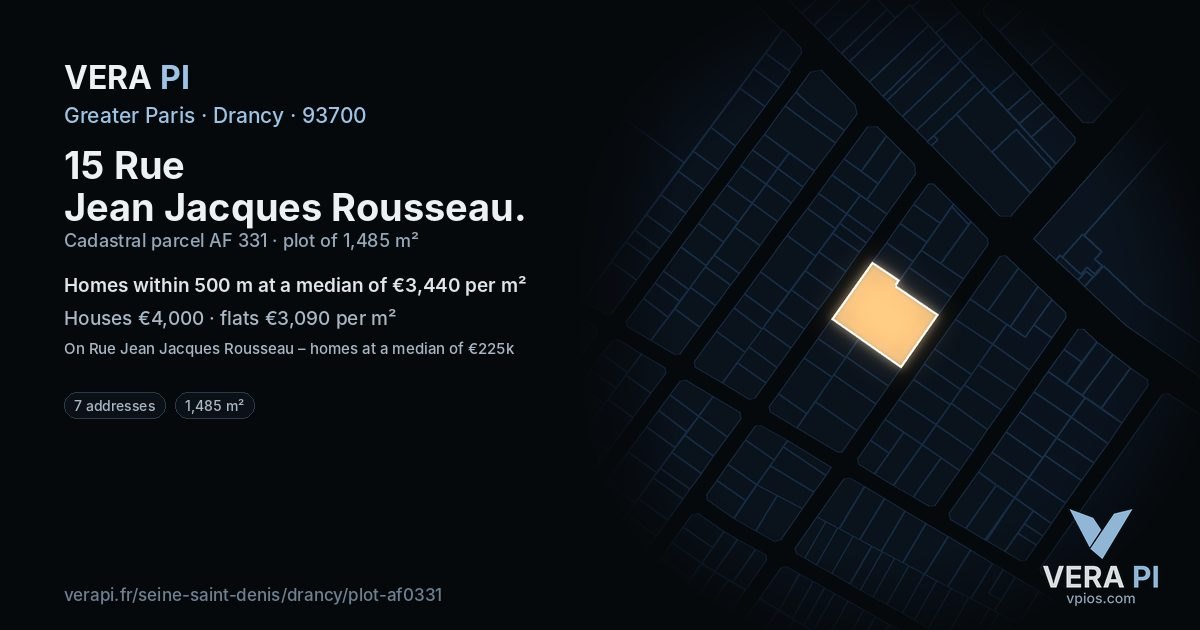 15 Rue Jean Jacques Rousseau, Drancy at night – the plot lit, the parcels around coloured by the prices near them