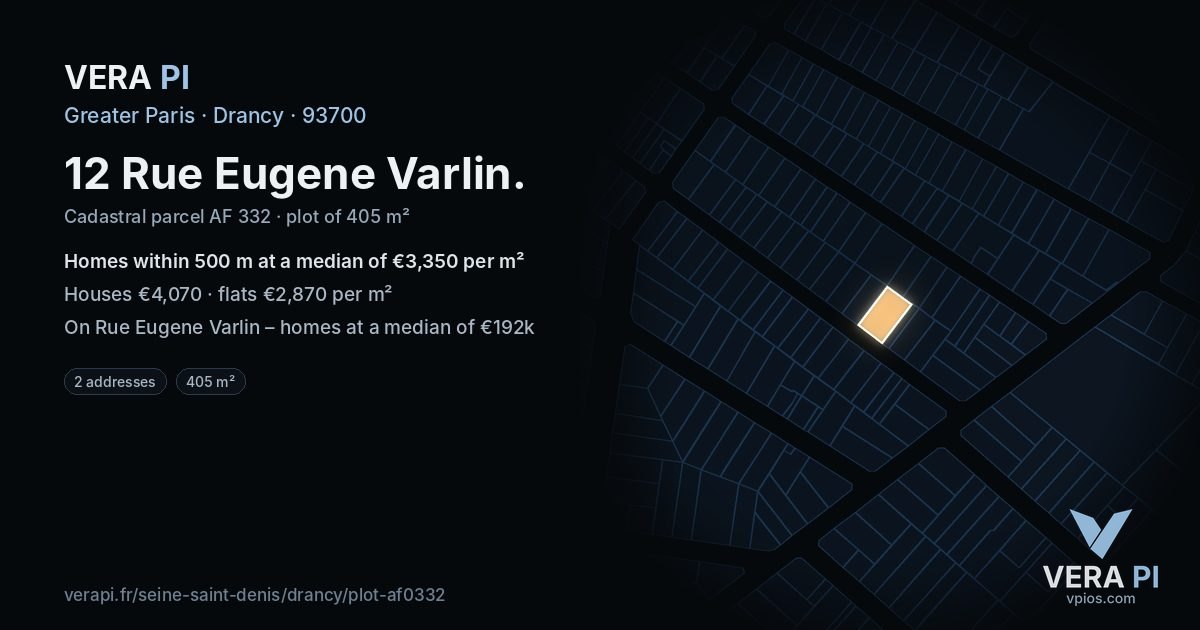12 Rue Eugene Varlin, Drancy at night – the plot lit, the parcels around coloured by the prices near them