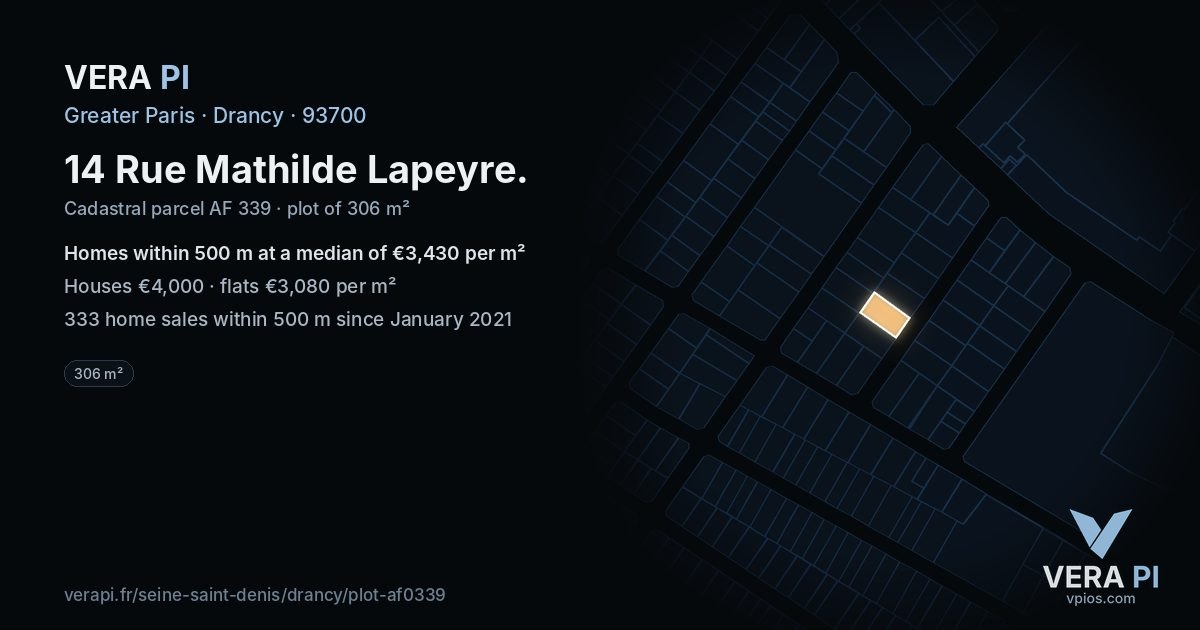14 Rue Mathilde Lapeyre, Drancy at night – the plot lit, the parcels around coloured by the prices near them