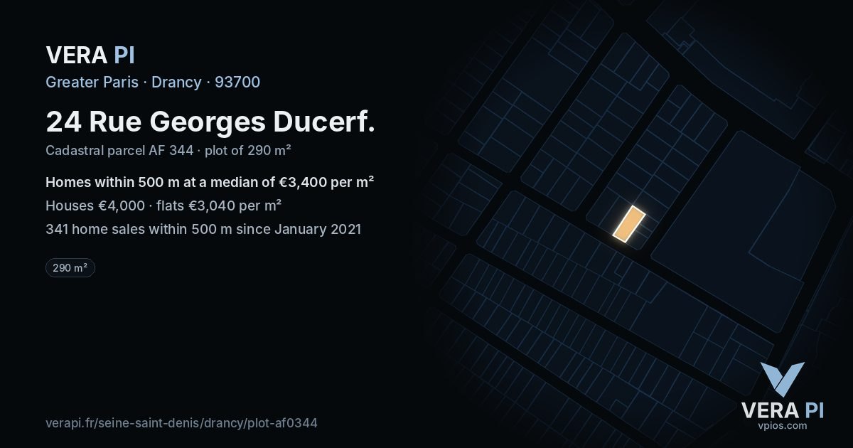 24 Rue Georges Ducerf, Drancy at night – the plot lit, the parcels around coloured by the prices near them