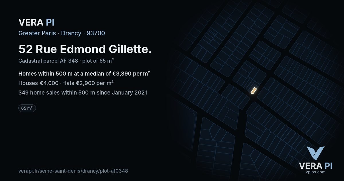52 Rue Edmond Gillette, Drancy at night – the plot lit, the parcels around coloured by the prices near them