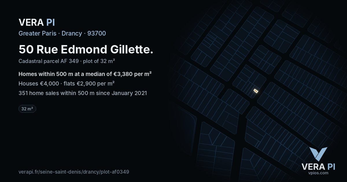 50 Rue Edmond Gillette, Drancy at night – the plot lit, the parcels around coloured by the prices near them