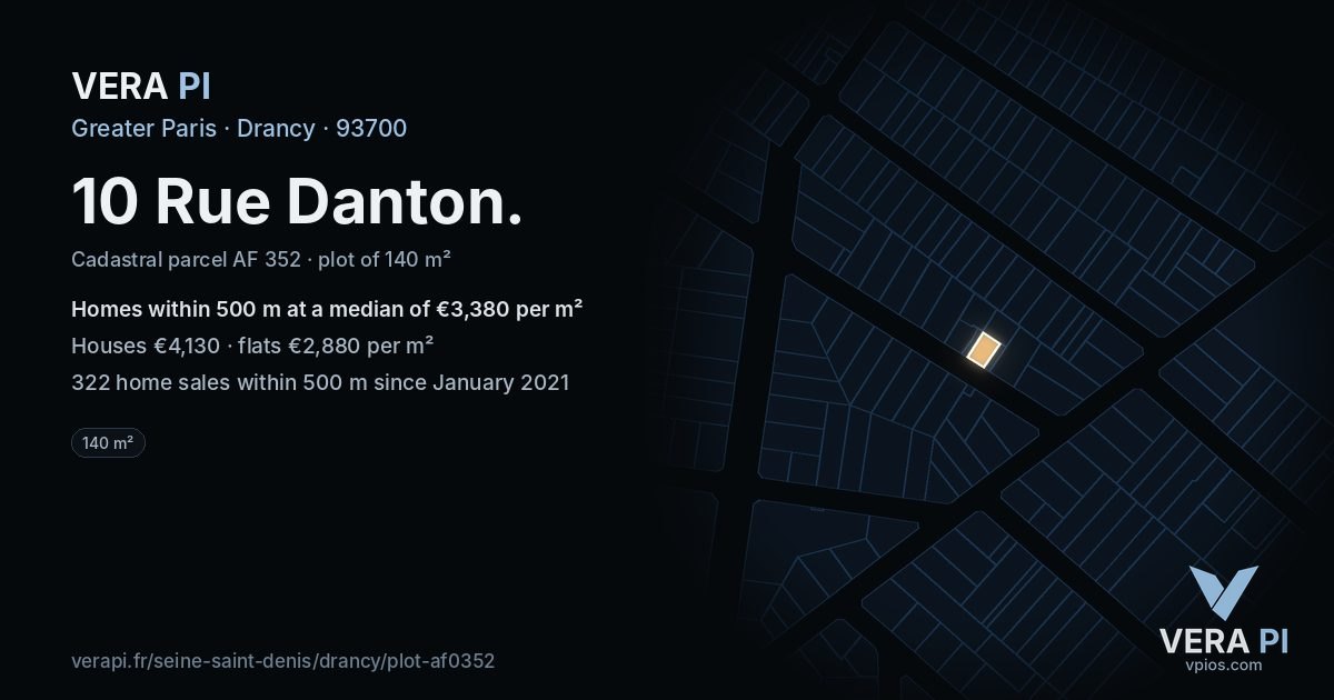 10 Rue Danton, Drancy at night – the plot lit, the parcels around coloured by the prices near them