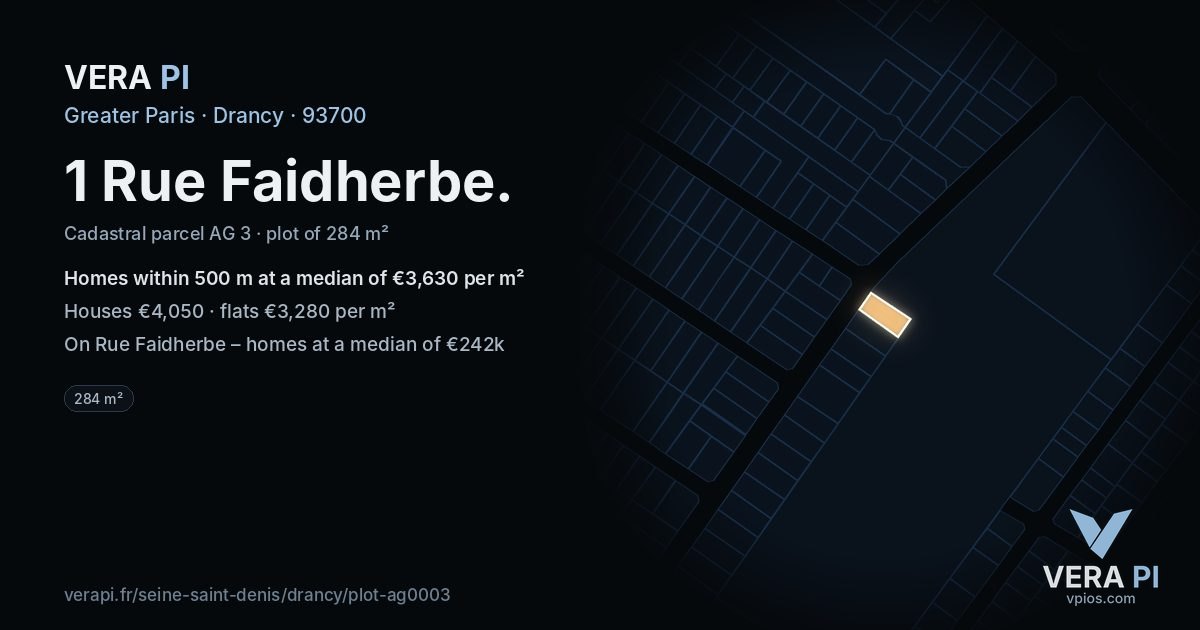 1 Rue Faidherbe, Drancy at night – the plot lit, the parcels around coloured by the prices near them