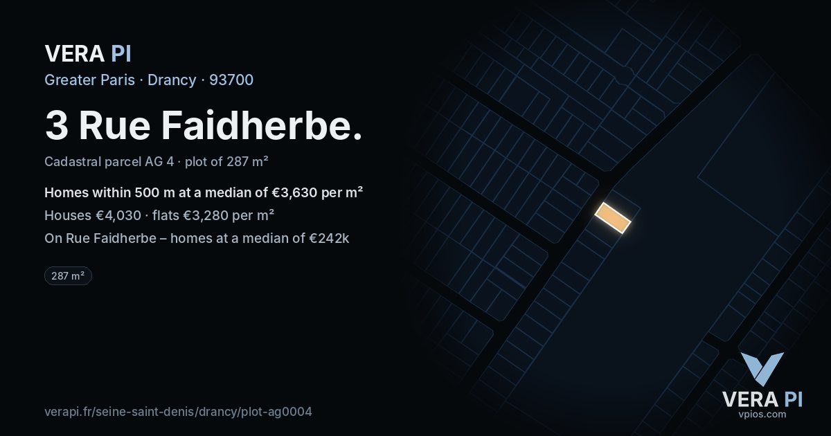 3 Rue Faidherbe, Drancy at night – the plot lit, the parcels around coloured by the prices near them