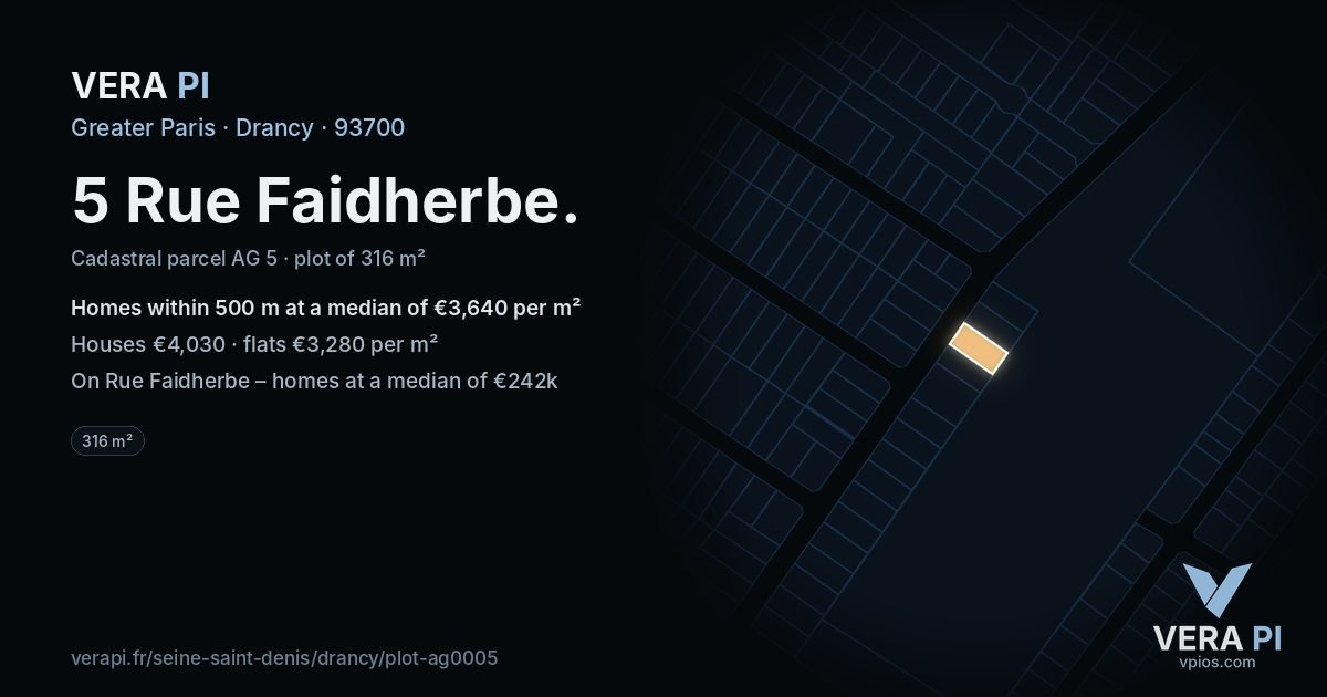 5 Rue Faidherbe, Drancy at night – the plot lit, the parcels around coloured by the prices near them