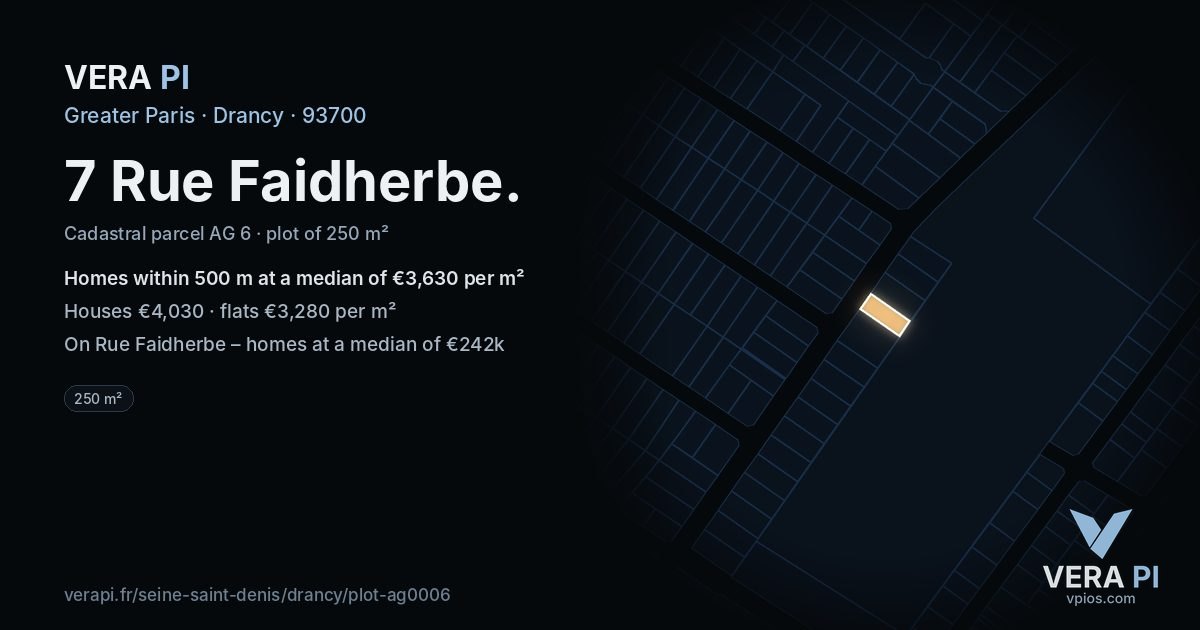 7 Rue Faidherbe, Drancy at night – the plot lit, the parcels around coloured by the prices near them