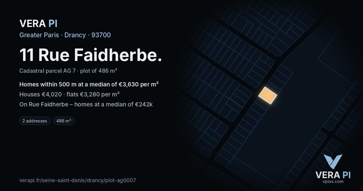 11 Rue Faidherbe, Drancy at night – the plot lit, the parcels around coloured by the prices near them