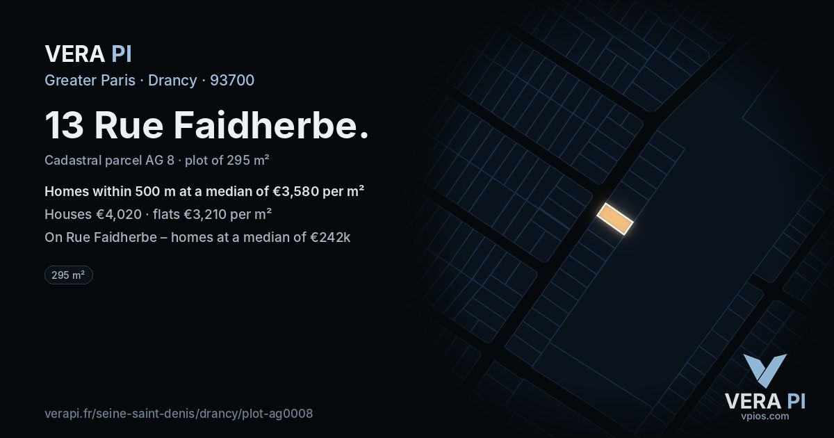 13 Rue Faidherbe, Drancy at night – the plot lit, the parcels around coloured by the prices near them