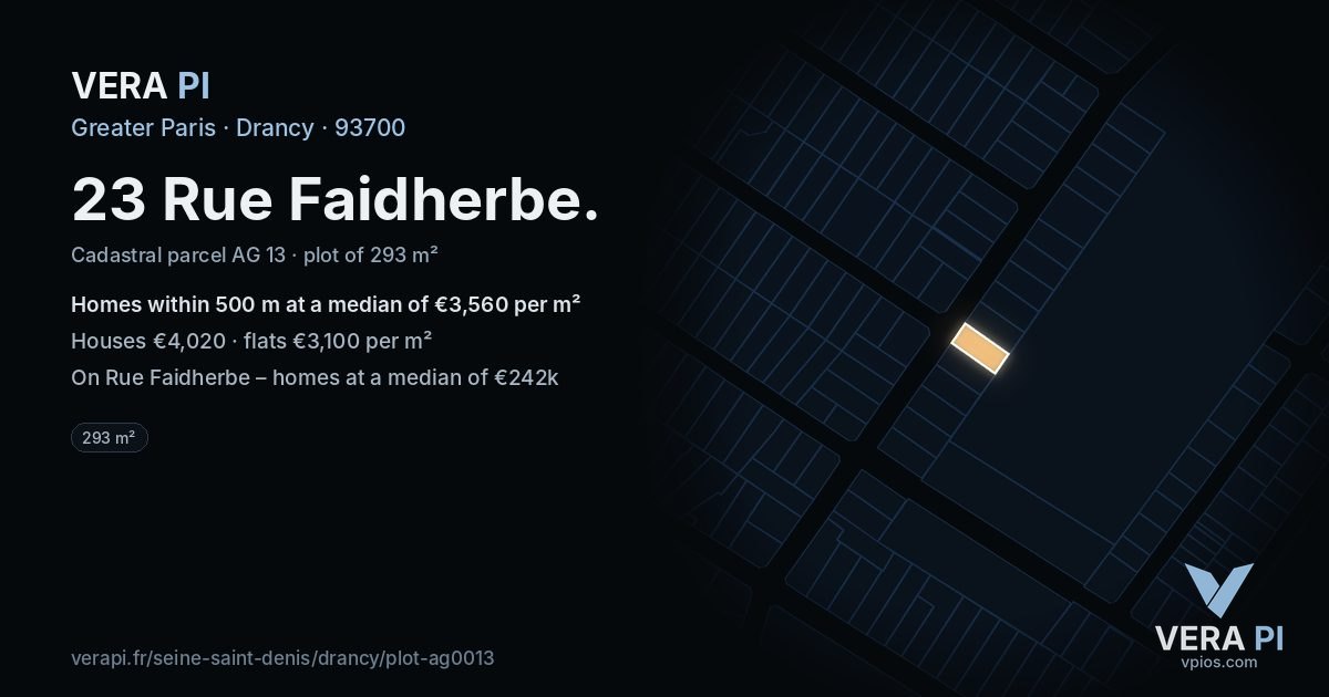 23 Rue Faidherbe, Drancy at night – the plot lit, the parcels around coloured by the prices near them