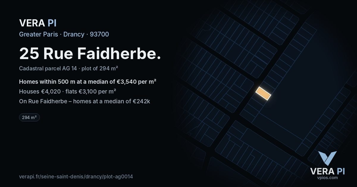 25 Rue Faidherbe, Drancy at night – the plot lit, the parcels around coloured by the prices near them